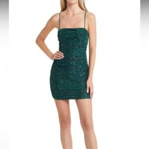 Lulus Flirty Vibes Sparkle Ruched Body-Con Minidress in Teal Medium New